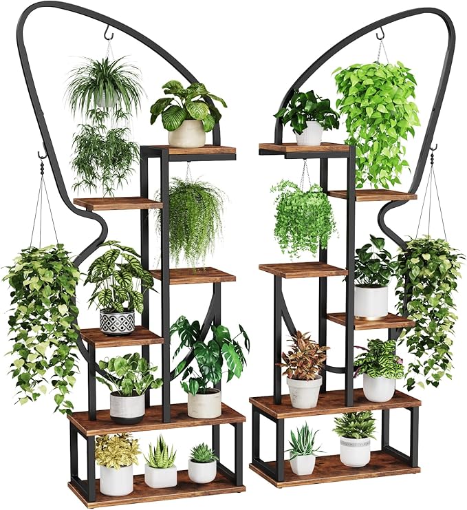6 Tier Plant Stand Indoor Butterfly-Shaped, Tall Metal Plant Stand with 6 Plant Hooks & 12 Boards, Large Ladder Plant Shelf with Adjustable Feet for Living Room, Balcony, Garden, Art Studio (2 Pack)
