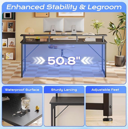 PRAISUN 55 inch Gaming Desk, LED & Power Outlets, Monitor Stand, Black | Sturdy PC Desk for Home Office, Study & Work, LED Lights, 4 AC Outlets & USB-C Charging Station