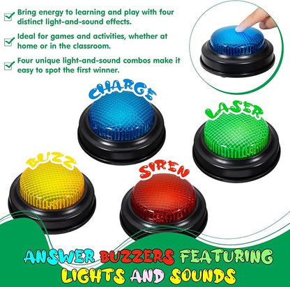 Set of 4 Trivia Game Buzzers with Lights & Sound, Family Feud & Jeopardy Quiz Buttons for Classroom, Party Games, Red/Blue/Yellow/Green
