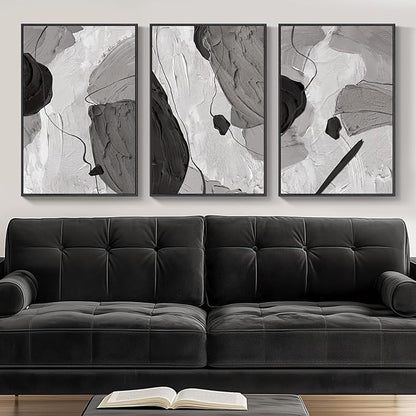 Framed Black and White Modern Abstract Wall Art, 3 Piece Canvas Prints Paintings Artwork for Walls, Minimalist Black White Grey Pictures for Living Room Dining Room Bedroom Office Wall Decor 16x24 In