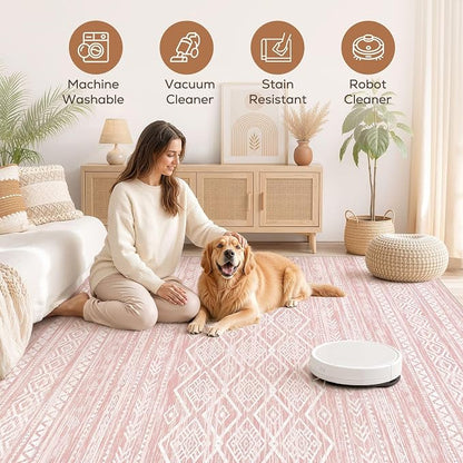 Nakagishi Area Rug Living Room Rugs: 6x9 Large Soft Machine Washable Boho Moroccan FarmNeutral Stain Resistant Indoor Floor Carpet for Bedroom Under Dining Table Home Office Decor-Pink