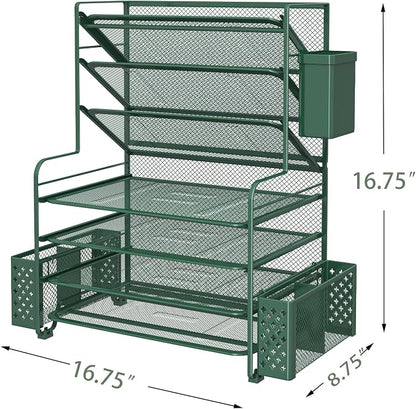Simple Trending 7 Tier Desk File Organizer, Letter Tray Paper Organizer with Pen Holder and Metal Hanging Basket, Green