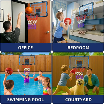 Molutsody Over The Door Basketball Hoop, for Kids (Blue) | Mini Hoop with LED Light & Scoreboard. Includes 3 Balls & Air Pump. Gifts for 4-12 Year Old Boys Girls