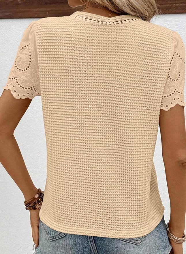 SHEWIN Womens Frenchy Summer Tops Crewneck Short Sleeve T Shirts Casual Waffle Knit Jacquard Blouses Top Shirts