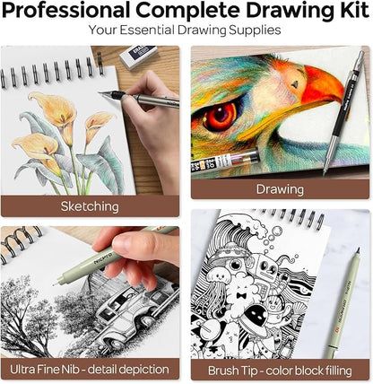 Nicpro 58 PCS Art Drawing Supplies Kit in Leather Case, Art Mechanical Pencil Set with Metal Drafting Pencil 0.3 & 0.5 & 0.7 & 0.9 & 2mm, 12 Micron Pen, Sketch Book, 30 Tube Lead Refills for Sketching