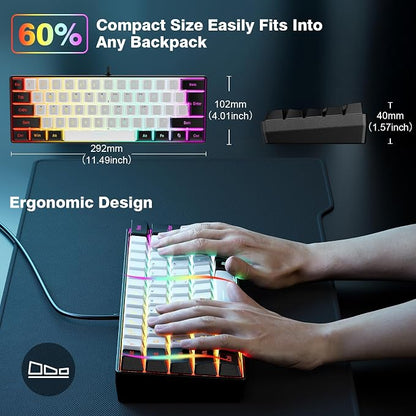 Snpurdiri 60% Wired Gaming Keyboard, 61 Keys RGB (Black-White) | Backlit Ultra-Compact Small Gaming Keyboard, for PC/Mac Gamer, Typist, Travel, Easy to Carry on Business Trip