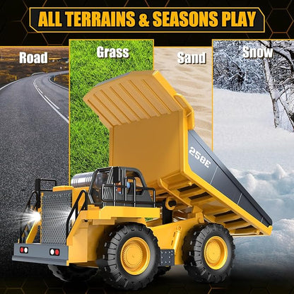 RC Dump Truck Toy for Boys, Remote Control Play Truck Construction Vehicles, 9CH 2.4Ghz Electric Trucks with Metal Bed & Light, 2 Rechargeable Batteries RC Car Toys Kids 3-12 Year Old Birthday Gifts