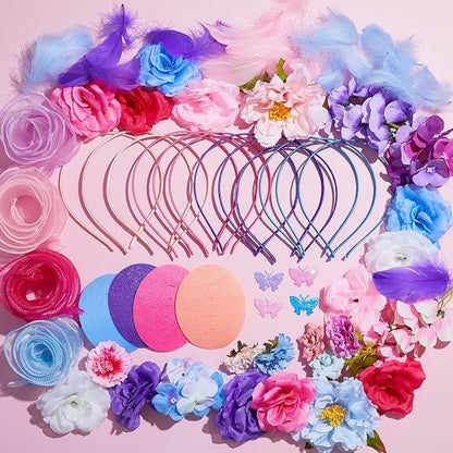 353 Pcs Headband Making Kit for Women Include 12 Headbands 24 Fake Flowers 300 Feathers 4 Mesh Ribbons 1 Roll Double Faced Adhesive Tape 12 Butterfly Accessories for DIY Hair Tea Party Decor