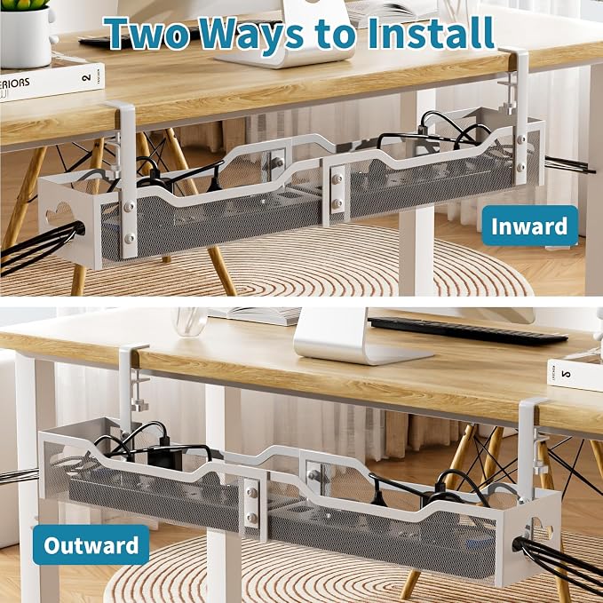 Under Desk Cable Management Tray White, Litwaro Cable Management Under Desk No Drill, 25'' Cable Tray with Clamp for Wire Management, Cord Organizer for Office, Home - No Damage to Table