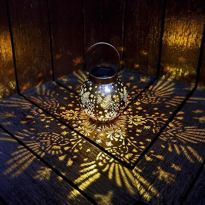 2 Pack Outdoor Solar Hanging Lantern Lights Metal LED Decorative Lamp for Garden Patio Courtyard Lawn and Table with Hollowed-Out Design (Bronze Hummingbird)