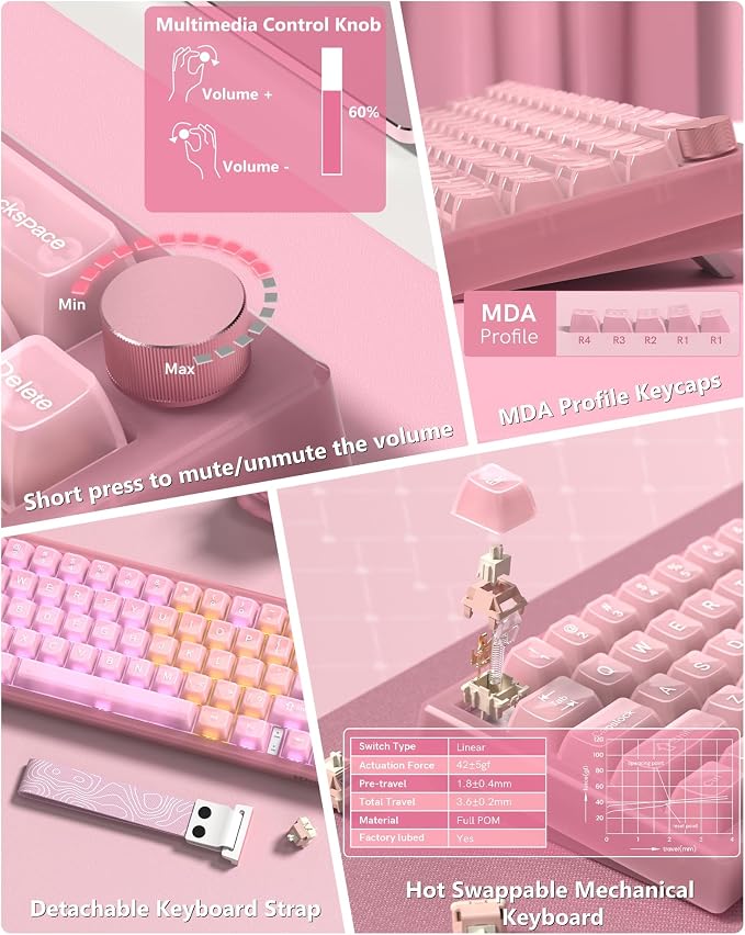 Womier 60% Keyboard QMK/VIA, Pink Gaming Mechanical Keyboard Creamy | Hot Swappable Gasket Mount RGB Wired Jade Keyboard, Jelly Keycaps POM Linear Switch for Windows/MAC(VK66 PRO Jelly)
