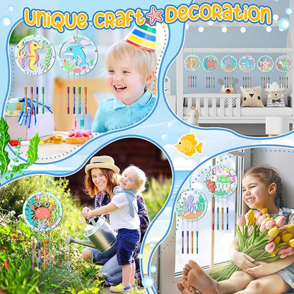 12Pack Wind Chime Kit for Kids Make Your Own Ocean Animals Wind Chime DIY Coloring Wood Crafts Summer Wooden Arts and Crafts Under Sea Ornaments for Boys Girls School Activities Party Decoration