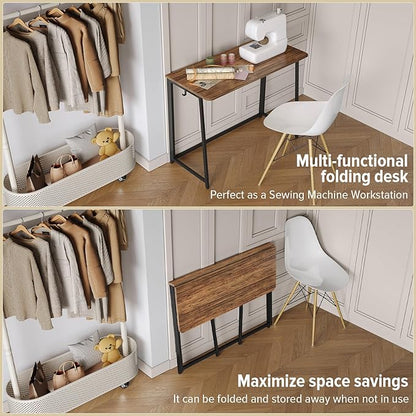 WOHOMO Folding Desk, 39.4" Foldable Computer Table for Small Spaces, Walnut | Easy Assembly and Fold, Sturdy Home office desks for Study Bedroom Dorm Space Saving Writing Work Apartment