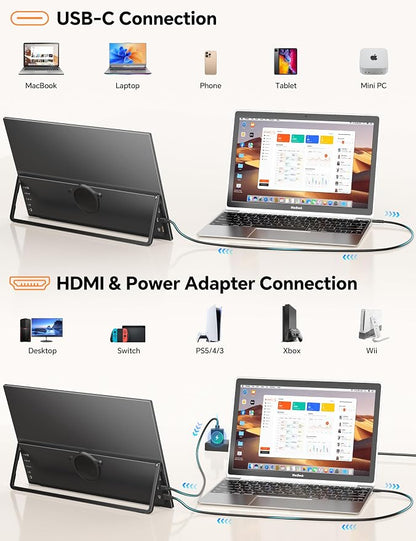 HotYeah Travel Portable Monitor with Stand, w/Magnetic Stand & Speaker | 15.6" 1080P 125% sRGB USB-C HDMI HDR External Display, 2nd Screen for Laptop MacBook Computer Phone Tablet Switch PS5 Xbox