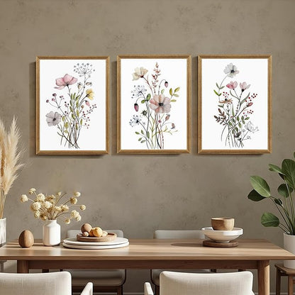 WRFON Framed Botanical Canvas Wall Art Set of 3, Watercolor Floral Prints, Framed Flower Wall Decor for Bedroom Bathroom Living Room, 12x16 Inch Each