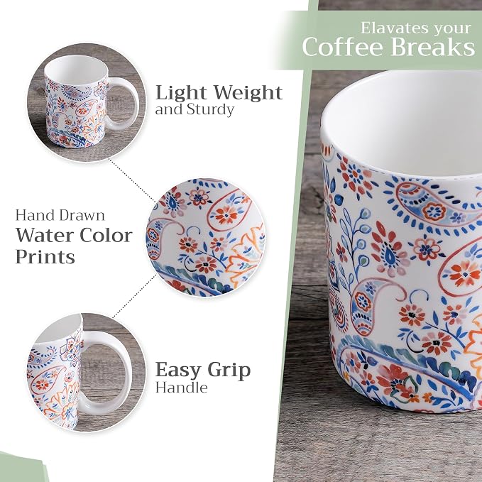 Maison d' Hermine Coffee Mug with Handles Tea Cups (15 Ounce, Pack of 1) | Fine Bone China Coffee Mugs for Hot Beverages Cappuccino Latte Home Restaurant Hotel Spring Summer -Indian Floral - Paisley
