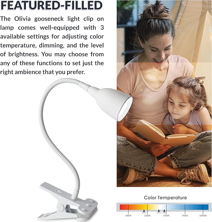Newhouse Lighting NHCLP-OL-WH Olivia LED Clamp Light Desk Lamp with Flexible Gooseneck, 3 Brightness Levels & 3 Color Modes, White