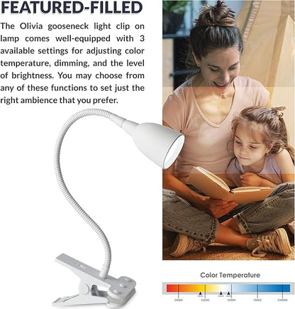 Newhouse Lighting NHCLP-OL-WH Olivia LED Clamp Light Desk Lamp with Flexible Gooseneck, 3 Brightness Levels & 3 Color Modes, White