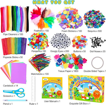 Zefy 3200+ Pcs Arts and Crafts Supplies for Kids, All in One Craft Kits with 12 Crafts Design, DIY School Supplies Kit Craft Box Easter Gifts for Girls Boys Ages 4-12