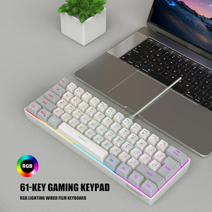 Snpurdiri 60% Wired Gaming Keyboard, 61 Keys RGB (Grey-White) | Backlit Small Gaming Keyboard for PC/Mac Gamer, Typist, Travel, Easy to Carry on Business Trip