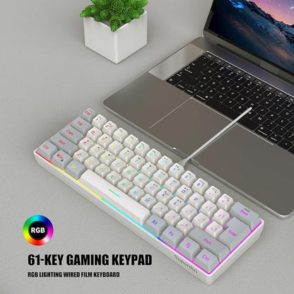Snpurdiri 60% Wired Gaming Keyboard, 61 Keys RGB (Grey-White) | Backlit Small Gaming Keyboard for PC/Mac Gamer, Typist, Travel, Easy to Carry on Business Trip