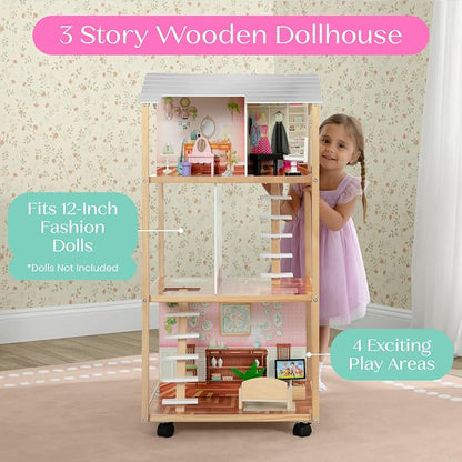 Delta Children Moveable Mansion Dollhouse - 360-Degree Play Dollhouse with Wheeled Base - Includes 16 Accessories - Fits 12-inch Dolls - Pretend Play Dream Gift for Ages 3+
