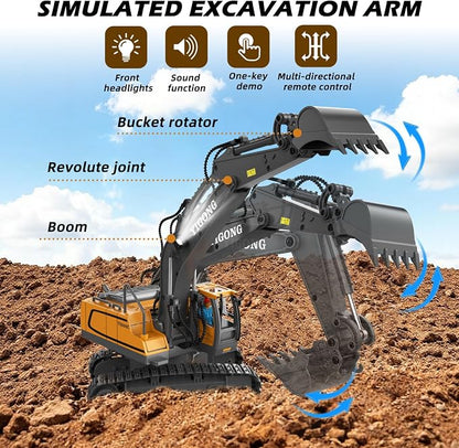 Remote Control Excavator Toy for Boys, 11-Channel Metal Construction Truck with Lights, 2 Batteries, 120-Min Playtime, RC Excavator Toys for Kids Ages 3-12, STEM Gift for Birthday
