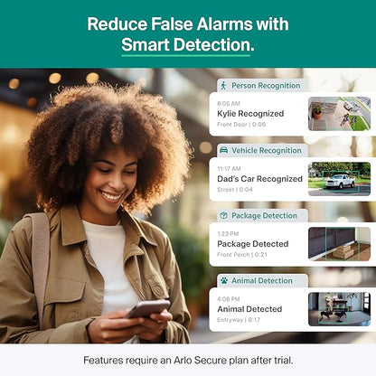 Arlo Essential Security Camera 2K (2025 Release) + 6 Months of Secure Plus Plan - Continuous Wired Plug-in Power Outdoor Camera, Person Recognition, Package Detection, Animated Preview, 1 Cam, White