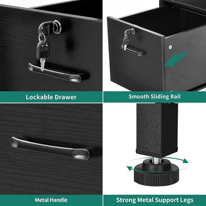 DWVO Computer Desk with Drawers & Hutch, 59.1" Office Desk with Power Outlets & LED Lights, Home Office Desk with Storage Shelves, Black