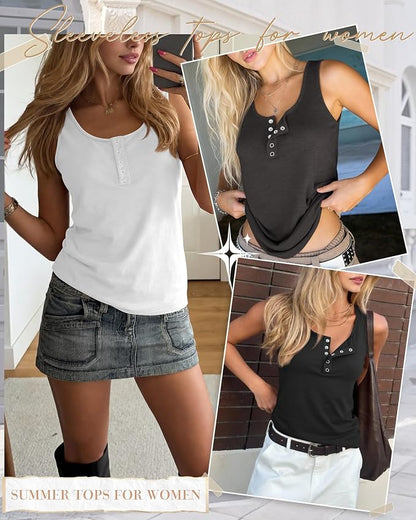 Ficerd 3 Pack Women's Henley Tank Tops Sleeveless Button Down Summer Shirts 2026 Casual Trendy Loose U Neck Tee Blouses
