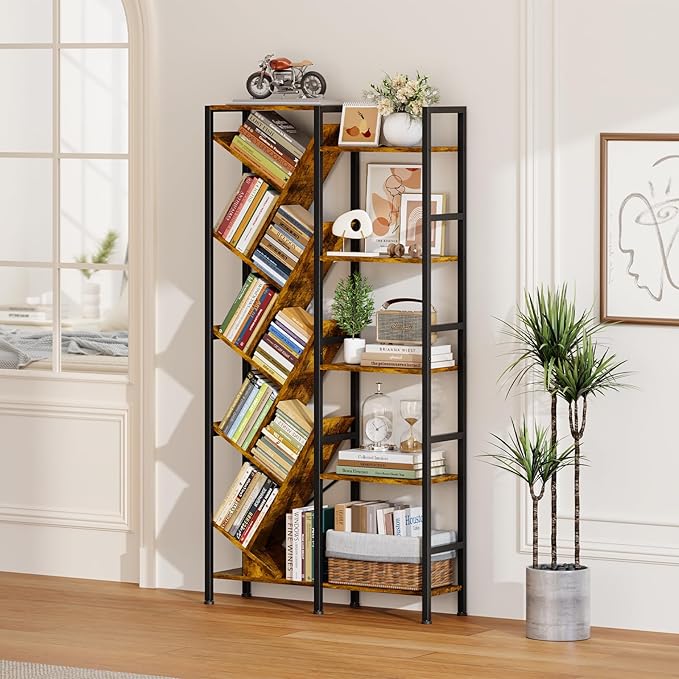 5-Tier Double Wide Bookshelf 67" , Industrial Tree BookShelves, Vintage Storage Rack with 14 Open Shelves, Large Bookcase, Wooden and Metal Bookshelves, Wide Display Rack for Home Office Decorative