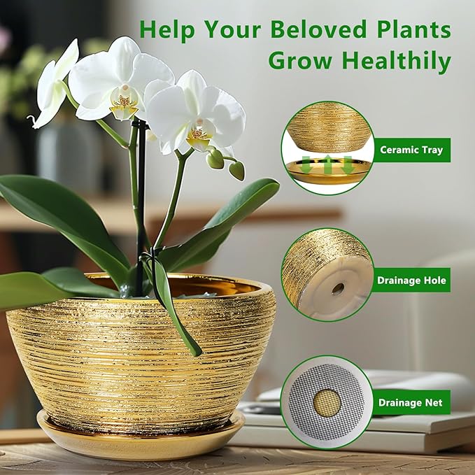 Ceramic Planter 11 Inch - Indoor Plant Pot with Drainage Hole and Saucer Large Planter for Outdoor Plants Mid-Century Decorative Flower Pot for Home Decor Gold
