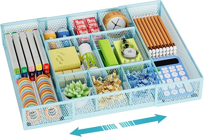 Marbrasse Expandable Desk Drawer Organizer, Mesh Drawer Organizer Tray with 10 Adjustable Compartments, Desk Organizers and Accessories for Office Supplies, Makeup & Vanity (Expandable-Blue)