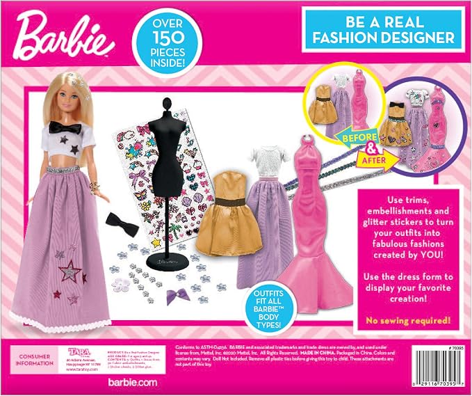 Tara Toys Barbie Be a Real Fashion Designer Classic Set DIY Doll Clothing Kit for Girls with Fabric, Ribbons, Stickers & Sketchbook Creative Fashion Toy for Ages 6+