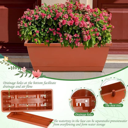 12Pcs 17Inches Rectangle Planter Box with Drainage Holes and Trays Plastic Planters Flower Boxes Pots for Indoor Outdoor Plants Patio Garden Home Decor Porch Yard (Gray)