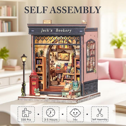 Fsolis Book Nook Kit, DIY Miniature House Kit 3D Puzzles for Adults, Booknook Library Tiny House Mini Bookshelf Diorama Decor Gifts for Women Teenagers Book Lovers (Jack's Bookery)