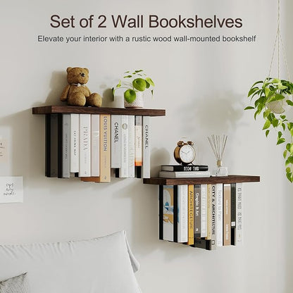 Floating Bookshelves for Wall, Rustic Wood Hanging Wall Bookshelf, Upside Down Book Shelf and Wall Mounted Bookshelves for Home Decor in Bedroom, Living Room, Carbonized, 2 Pack