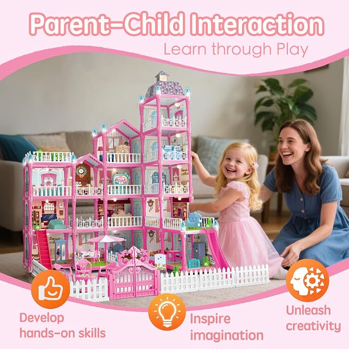 Villa Toys for Girls, 5 Stories 16 Rooms Villa Playset with Dolls, Lights, Furniture, Slide Accessories, DIY Pretend Toddlers House kit for 3 4 5 6 7 8 9 10 Year Old Kids (Pink)