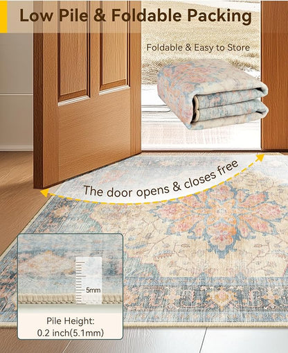 RELEANY Area Rugs Runner 2'x8' Washable Non-Slip, Floral Vintage Distress Medallion Carpet for Kitchen Hallway Bedroom Beside Laundry Room Bathroom, Blue Orange Red
