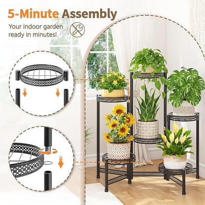 LASZOLA 6 Tiered Folding Tall Plant Stand Indoor Outdoor for Large Planter, Heavy Duty Metal Adjustable Multiple Flower Rack for Corner, Wrought Iron High Spiral Holder for Modern House Patio, Black