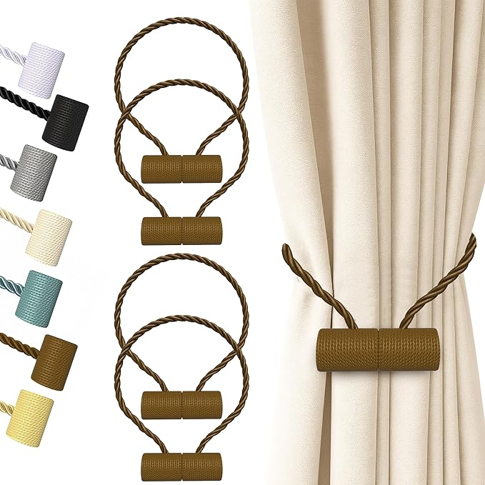 Hion Magnetic Curtain Tiebacks Dark Brown 4 Pack, Curtain Tiebacks Buckles Holdbacks Holders Hooks Clip for Home Bedroom Office Decorative Thick or Thin Curtain