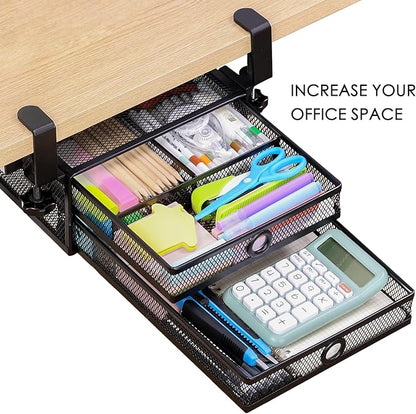 Under Desk Drawer, Clamp on Desk Organizer Slide Out Table Storage No Drill | 2Tier Under desk drawer: clamp on desk organizer, under desk drawer slide out, hanging desk organizer, no drill table storage