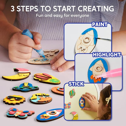 JOYIN 12 Glow in The Dark Wooden Magnets for Kids, Paint Your Own Arts and Crafts Painting Kit, Halloween Crafts Birthday Parties and Family Crafts Gift, Party Favors for Boys Girls Ages 3+