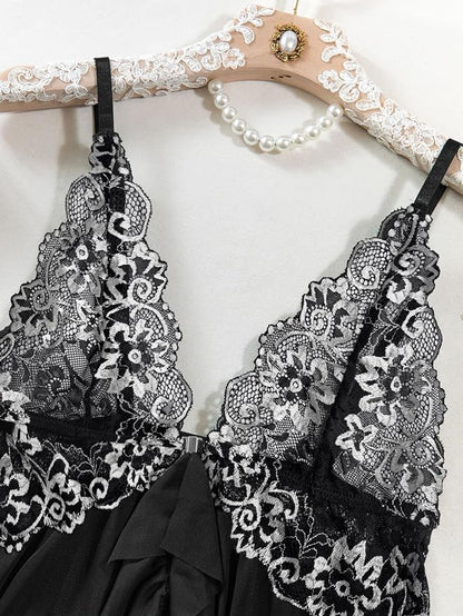 Foxiny Sexy Open Front V Neck Ruffle Sheer Mesh Lace Wireless Babydoll Lingerie Dress with Thong 2 Piece