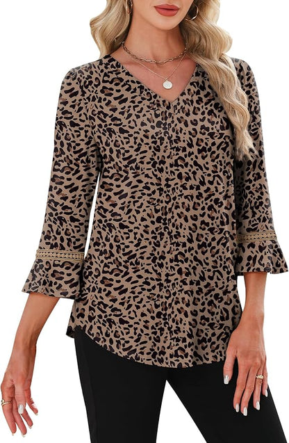 WIHOLL Womens Blouses Dressy Casual 3/4 Length Sleeve Tops Lace Trendy 2026 Spring Summer V Neck Shirts Vacation Outfits