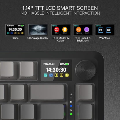 Redragon K724 PRO Wireless 81-Key Gasket Gaming Keyboard, TFT Screen & Knob | Easy-Control LED Info Display, 0-Delay Tri-Mode, Cushioned 5-Layer Noise Dampening for Creamy Thocky Sound, Compact 80% Size