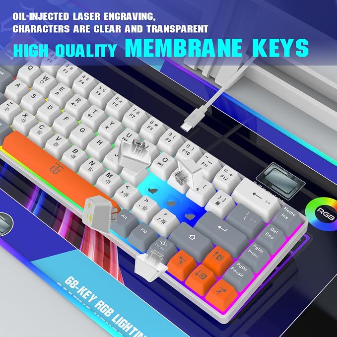 Snpurdiri 60% Percent Gaming Keyboard (68 Keys, White-Grey-Orange) | Ergonomic Compact RGB Backlit Small Gaming Keyboard for Windows, PC, Laptop