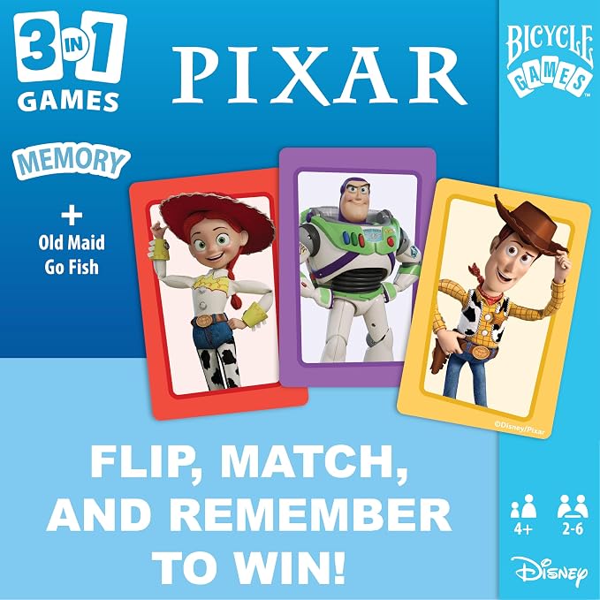 Bicycle Disney and Pixar 3-in-1 Card Games, Old Maid, Go Fish & Memory, Featuring Toy Story, Finding Nemo & Inside Out Characters, Kids Card Games Ages 4+, Family Games for 2-6 Players