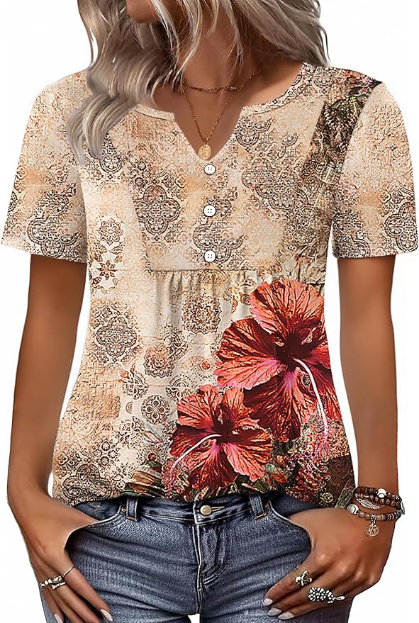 Zeagoo Womens Short Sleeve Tops Summer Henley V-Neck Tshirts Casual Pleated Blouse Dressy Loose Floral Basic Tee