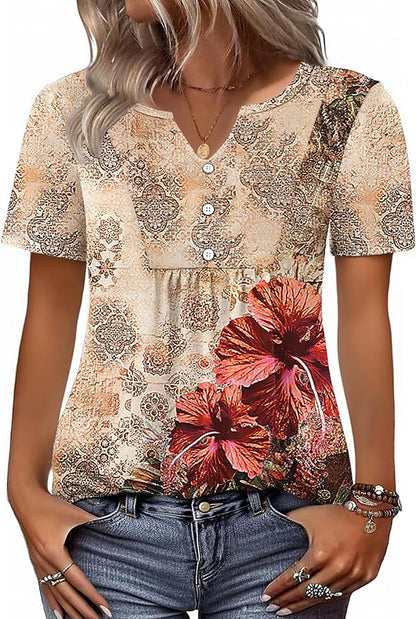 Zeagoo Womens Short Sleeve Tops Summer Henley V-Neck Tshirts Casual Pleated Blouse Dressy Loose Floral Basic Tee